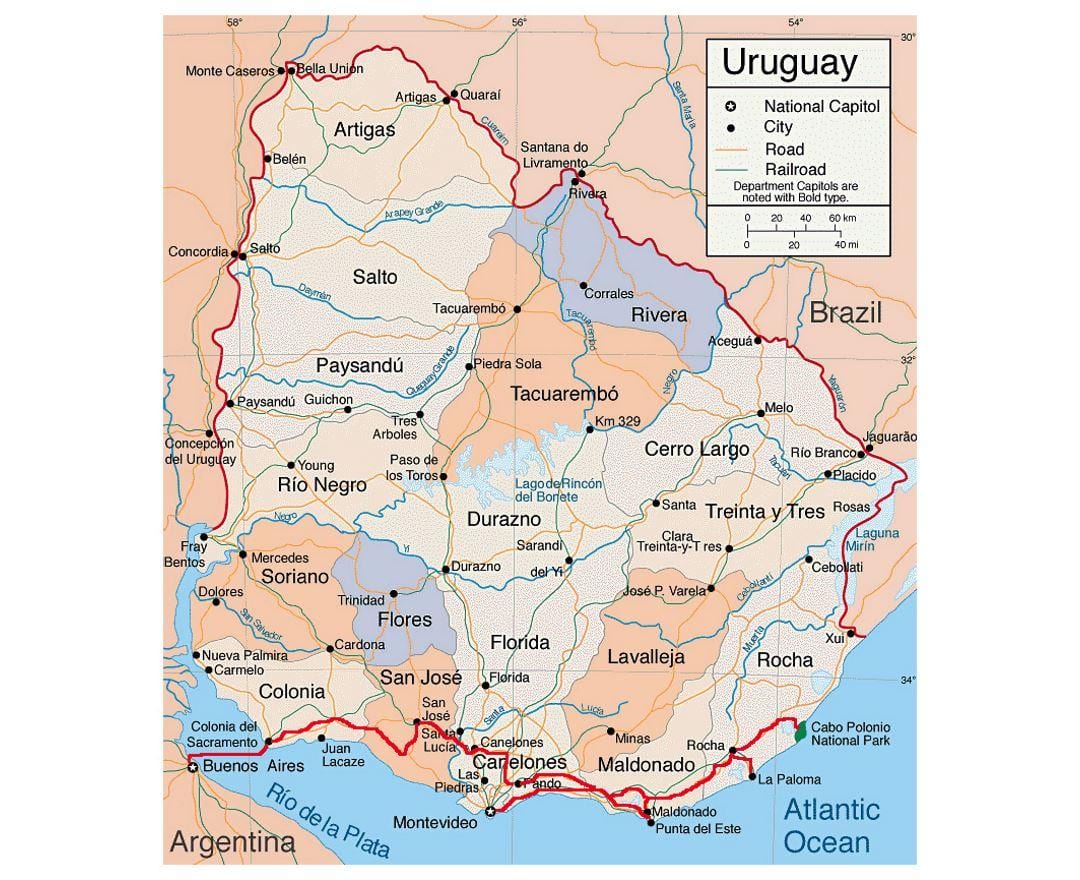 Şehirlerinden ile Uruguay haritası